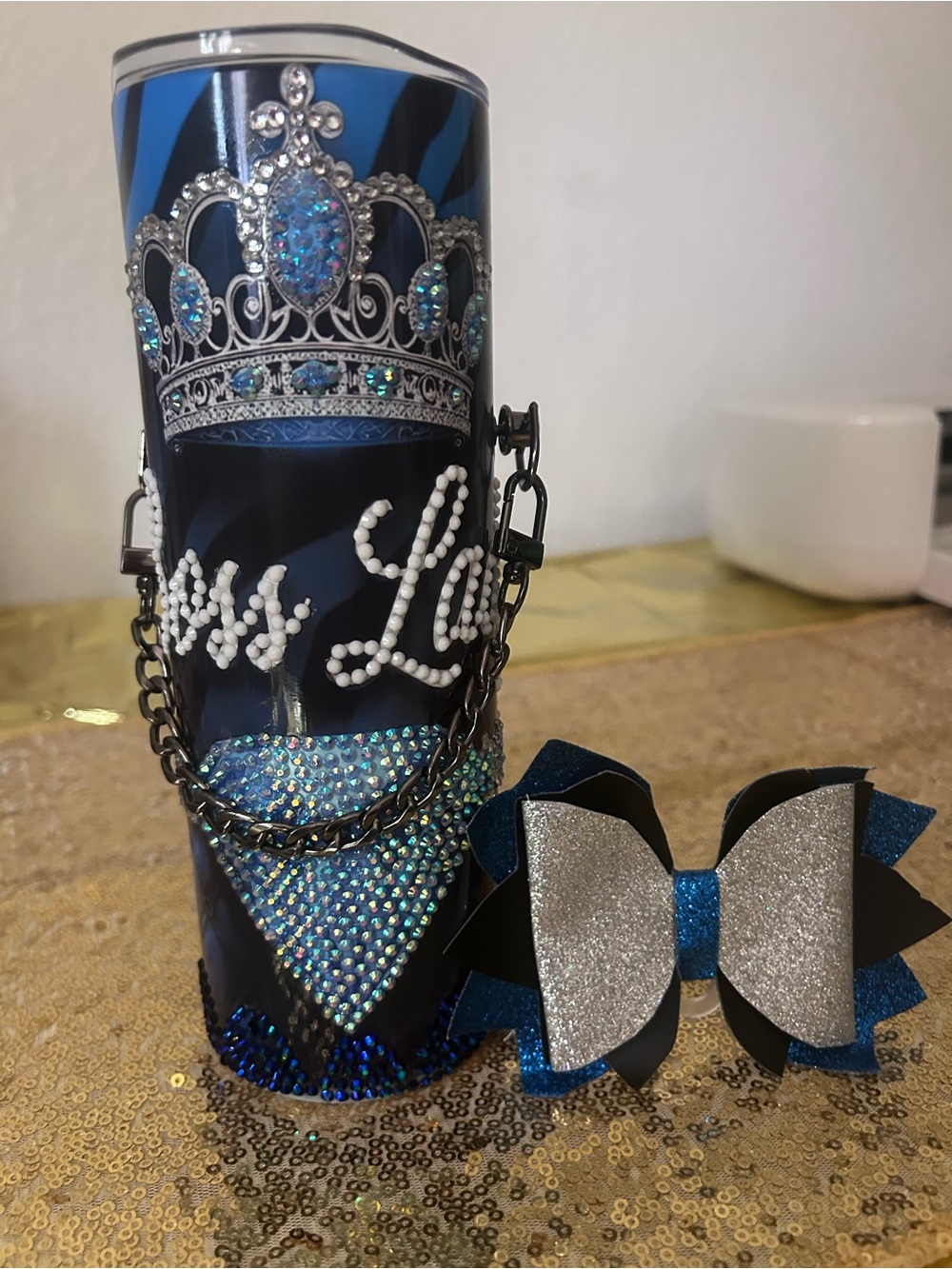Blue Jeweled Stainless Steel Tumbler with Decorative Chain and Bow